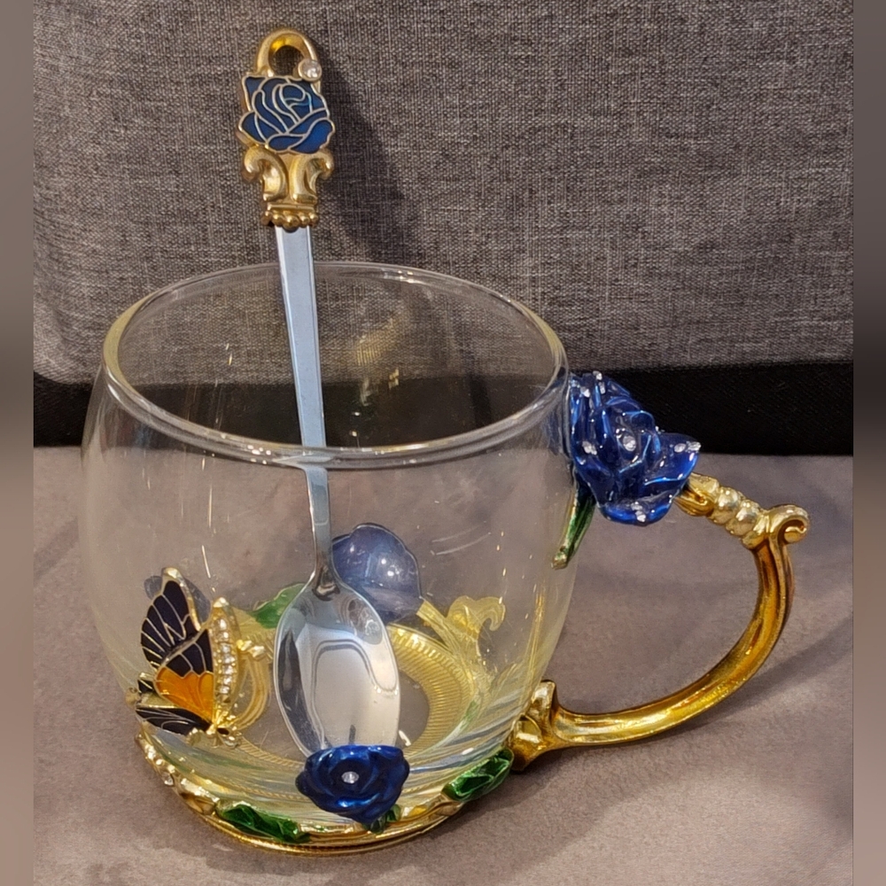 Vintage NEW Decorative Glass Mug & Spoon Set